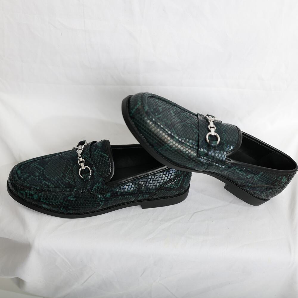 ASOS faux snake skin green black rounded toe size 7 loafers sliver buckle